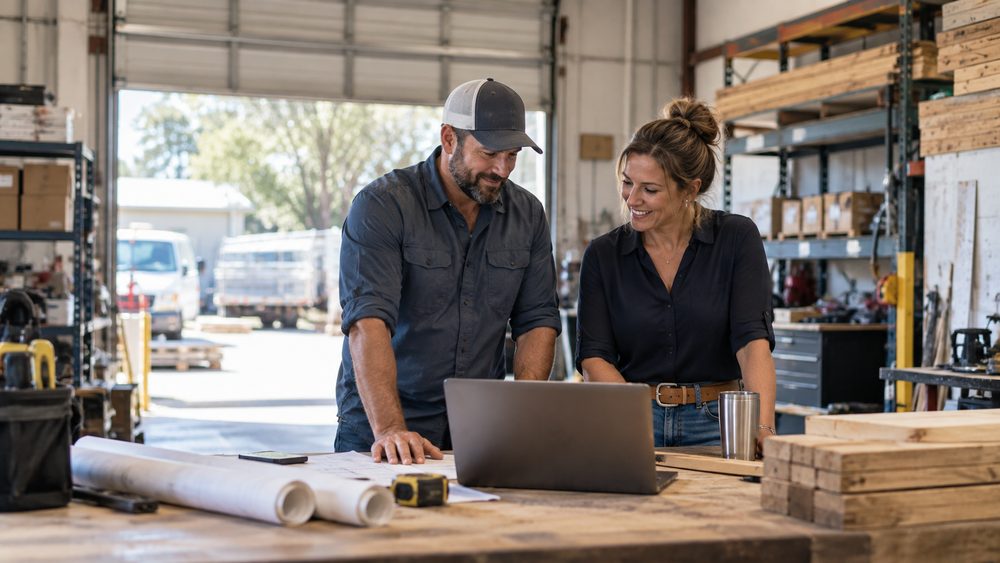Two small-business owners reviewing plans on a laptop in a workshop