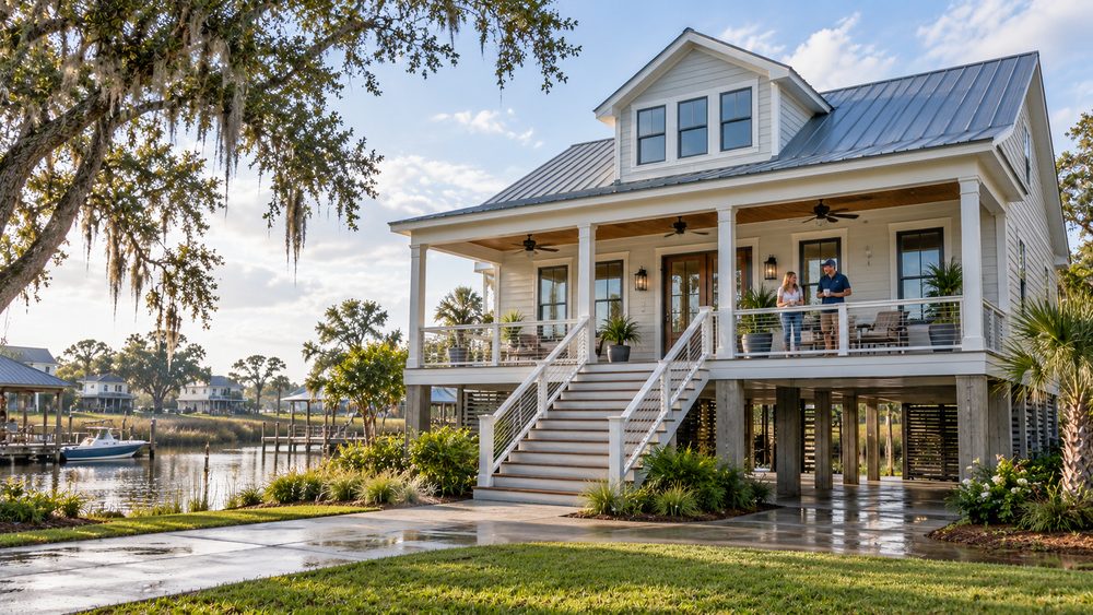 Elevated waterfront home beside a canal in a Louisiana coastal neighborhood