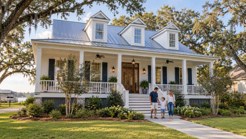 Family walking in front of a porch home beneath mature live oak trees