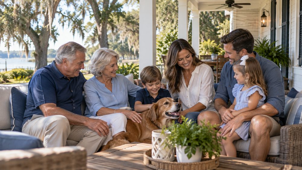 Multigenerational family relaxing with a dog on a shaded porch