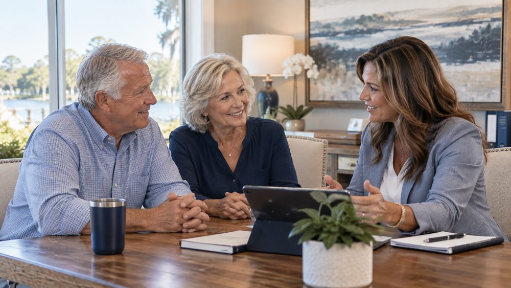 Older couple discussing Medicare insurance options with an advisor at a table